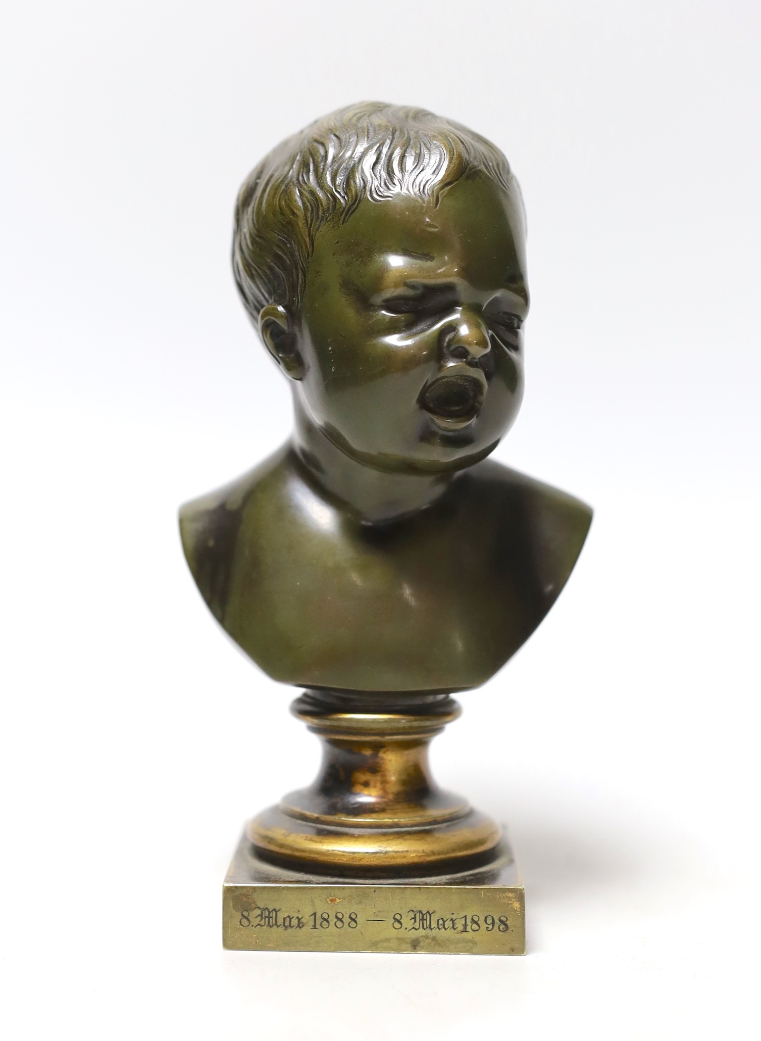 A German bronze bust in memory of a child, R Bellair & Co, Friedrich Str. Berlin, inscribed 8 Mai 188-8 Mai 1898, 18cms high